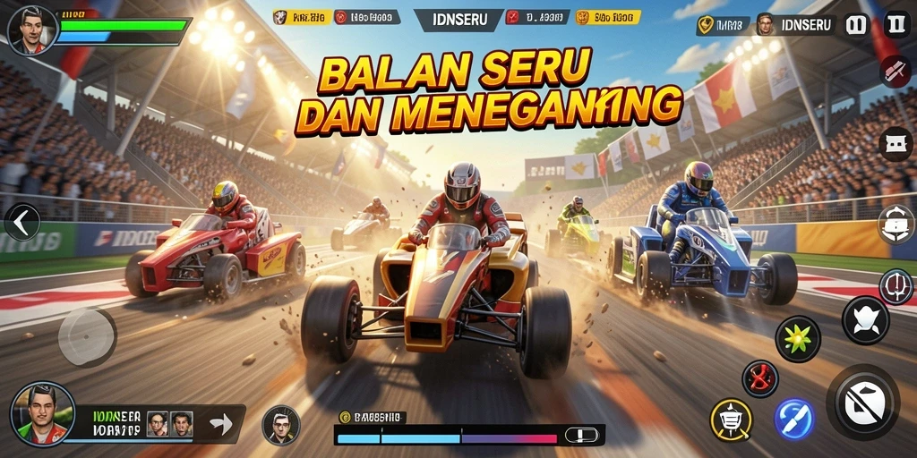 Screenshot gameplay menampilkan balapan seru di lintasan yang menantang.