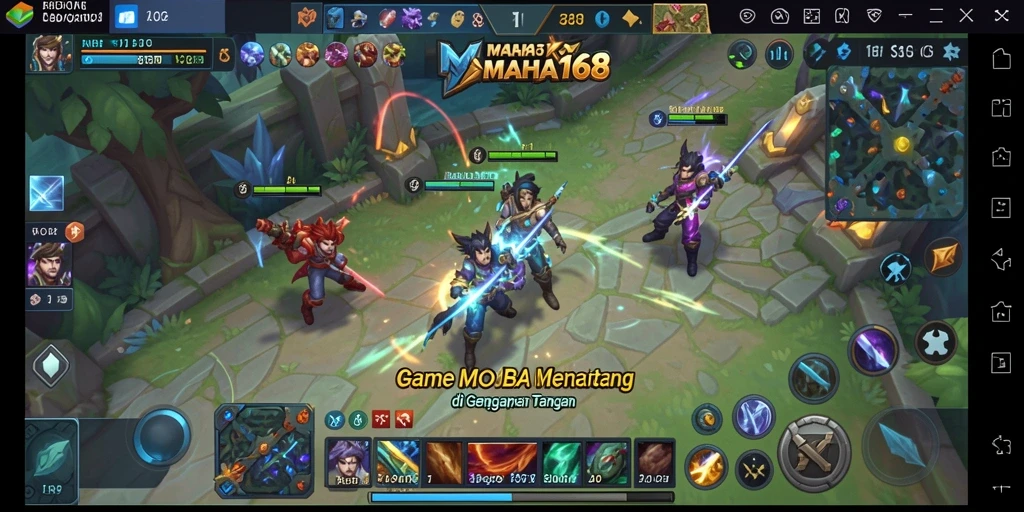 Tangkapan layar utama gameplay MOBA MAHA168 yang penuh aksi.