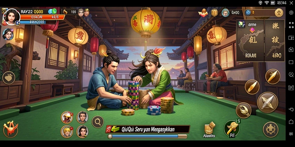 Tampilan menarik dari gameplay QiuQiu di RAYA22.
