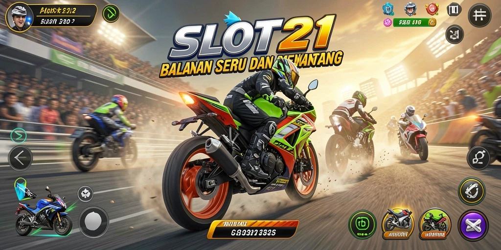 Gameplay seru SLOT21 dengan balapan motor mendebarkan.