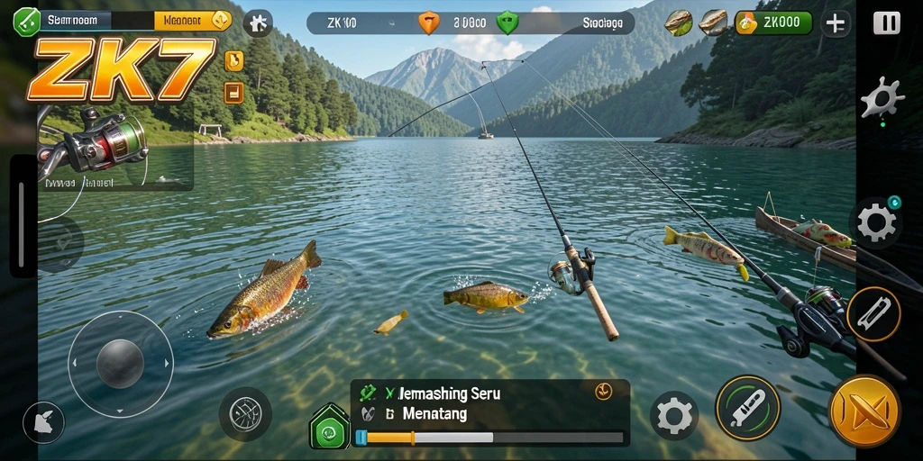 Screenshot gameplay ZK7 yang menggambarkan suasana memancing.